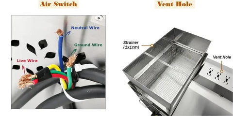 Close-up of air switch wiring and vent hole with strainer in electric coffee roaster for commercial use 55 lb bean roaster.