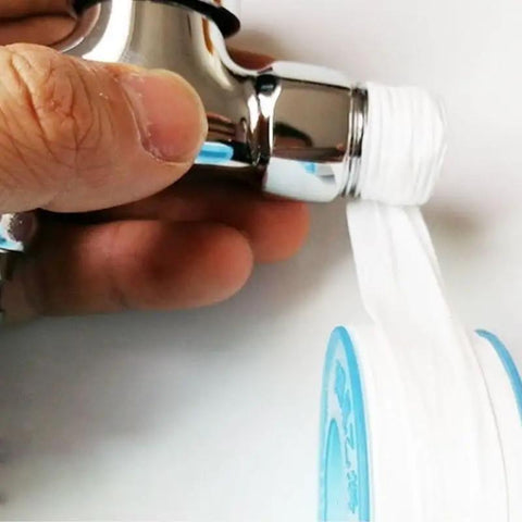 Easy Install PTFE Thread Sealing Tape For Shower Heads And Plumbing Fittings applied to pipe threads, showing smooth, flexible wrap