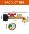 Upgraded Propane Refill Adapter With Valve And Gauge, Solid Brass QCC1 Refill Elbow for 1 lb to 40 lb tanks, product size shown