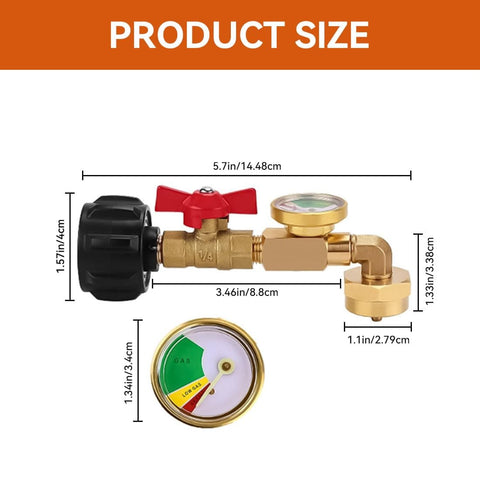 Upgraded Propane Refill Adapter With Valve And Gauge, Solid Brass QCC1 Refill Elbow for 1 lb to 40 lb tanks, product size shown