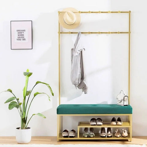Premium Entryway Hall Tree Coat Rack With Upholstered Bench Seat And Wide Shoe Shelf Sturdy Metal Frame Industrial Standing Storage Organizer For Modern Foyer Flex Your Daily Fits featuring green cushioned bench and shoe shelf.