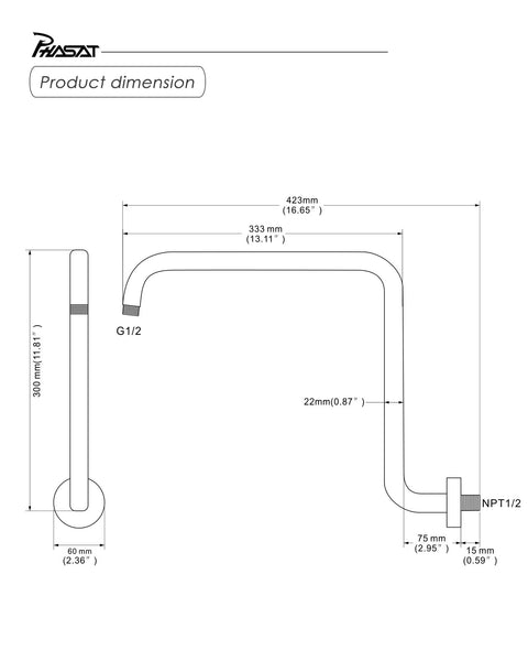Technical diagram of S-Shaped High Rise Shower Arm With Flange In Brushed Nickel, 16.65 Inch Length, 11.81 Inch Extra Height, 304 Stainless Steel