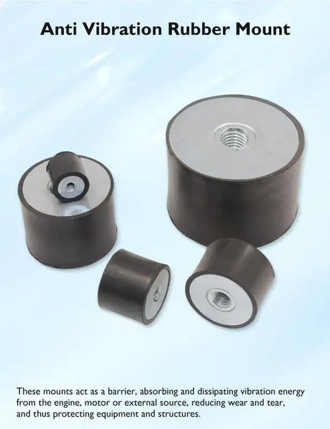 M4 Rubber Vibration Isolator Mounts Four Piece Set Heavy Duty Shock Absorbers with Lock Nuts in various sizes.