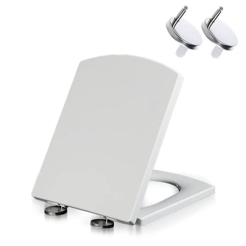 Round White Toilet Seat Featuring Soft Close Slow Closing Lid Universal Replacement Fits Standard Toilets with mounting hardware.