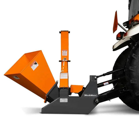 Side view of 4 Inch PTO Powered 3 Point Wood Chipper Shredder Mulcher Attachment For Tractors Up To 45HP With PTO Shaft Included Model BX42S