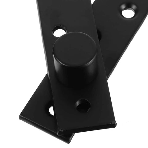 Close-up of matte black stainless heavy duty concealed pivot hinge for wood doors, part of center hung eccentric hinge hardware kit with dual hinges.