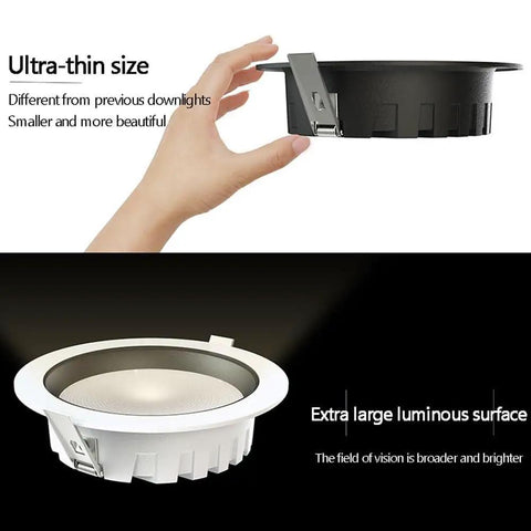 15 Pack Adjustable LED Recessed Downlights 39 To 59 Inch Dimmable Ceiling Can Lights Packing High CRI90 And Switchable 3000K To 6000K Colors showing ultra-thin black can light and white downlight design.