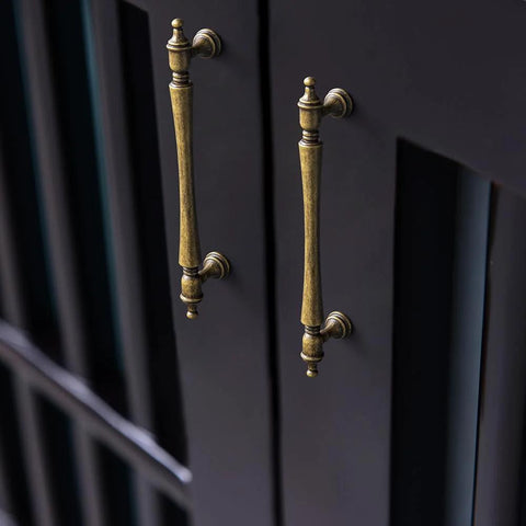 Six Pack 5 Inch Antique Brass Cabinet Pulls With Ornate Tapered Handles Decorative Finials And Sculpted Detailing For Vintage Victorian Inspired Kitchens