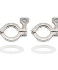 Two 2-inch stainless steel sanitary tri-clamp fittings with white gaskets
