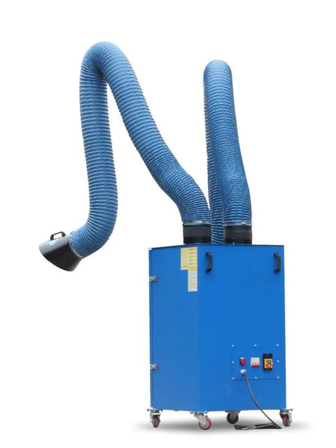 Heavy Duty Mobile Welding Fume Purifier With Dual Arm Extraction Setup And Manual Ash Cleanup Rock Solid Stainless Steel Frame with blue duct hoses.