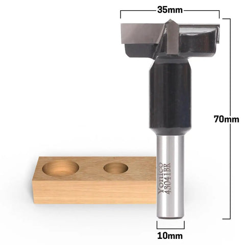 Pro Shop Grade Heavy Duty Carbide Tipped Brad Point Boring Bit With 10mm Shank, 35mm cutting diameter, 70mm length.