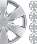 Close-up of silver 15 Inch Steel Wheel Hubcaps with Durable Metal Retention Rings, shown in a set of 4, Universal Fit for Most Cars Trucks SUVs and Vans, Not for Alloy Wheels, Easy Clip On Exterior Car Accessories To Refresh Your Ride.