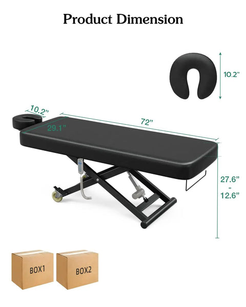Paddie Flat Electric Lift Massage Table Professional Spa Bed dimensions with adjustable height and black foam, includes face cradle.