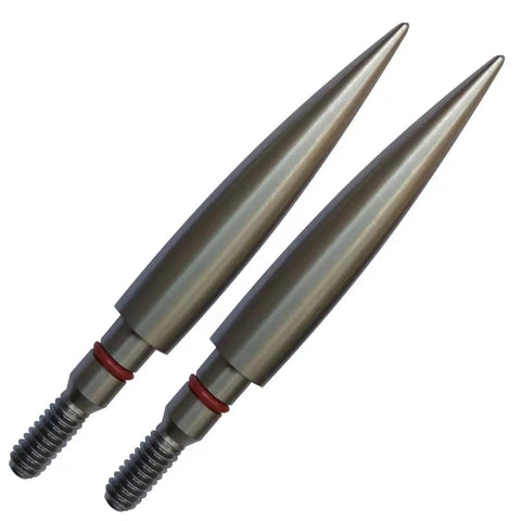 Close-up of two 200 Grain Stainless Steel Field Points For Archery Practice Break The Wind Design, 19/64 Inch Shaft.