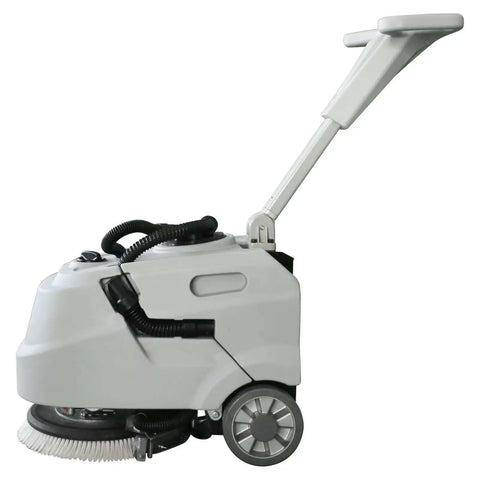 Side view of Foldable Walk Behind Floor Scrubber Machine With 180 RPM And 300W Motor, Heavy Duty Hand Push Design, 17L and 15L tanks