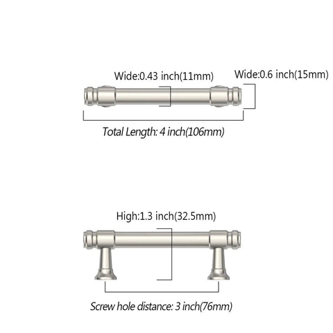 Diagram of dimensions for 10 Pack 3 Inch Brushed Satin Nickel Cabinet Pulls For Kitchen Cabinets And Drawers Heavy Duty Metal Cupboard Handles Easy Install Rust Resistant Modern Satin Hardware