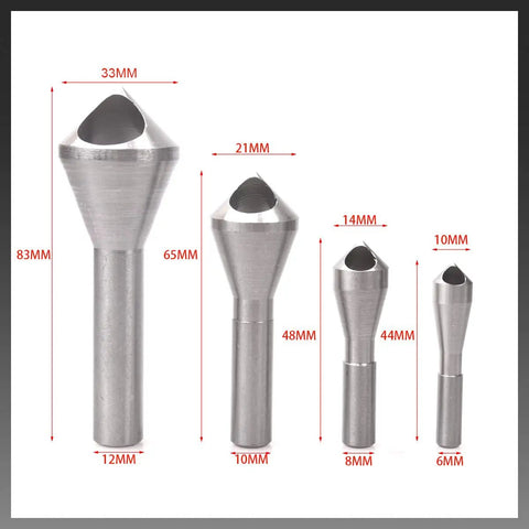 Pro Grade Countersink Chamfer Drill Bit Set Four Pack showing four high-speed steel bits with sizes labeled in millimeters