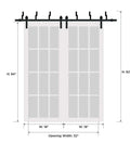 Barn Bypass Door Kit 36 x 84 With 6.6 Ft Hardware, Lucia 31 Matte White shaker panel doors, double sliding setup with dimensions.