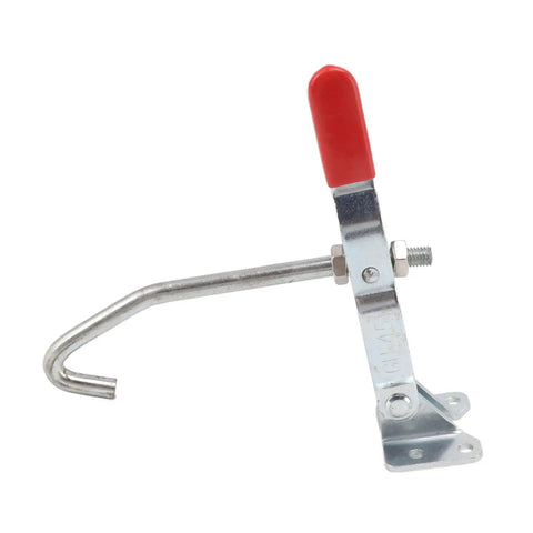 J Hook Toggle Clamp 170kg Holding Capacity Galvanized Iron With Red Grip for woodworking and heavy duty projects.