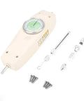 Portable Digital Force Meter Dynamometer 50N Handheld Push Pull Tester With 0.25N Increments And 10mm Stroke Clear Readout For Electronics Hardware Textile Machinery Go To Handy Field Tool, beige body with dial and attachments