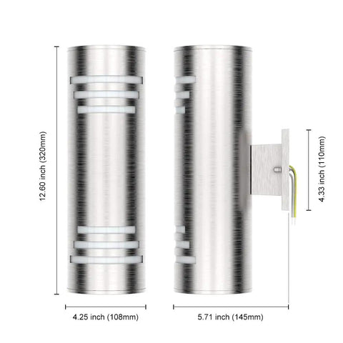 2 Pack Outdoor Wall Sconce Lights With Up And Down LED Cylinder Design, 304 Stainless Steel Waterproof Exterior Porch Lighting, E26 Bulb Ready