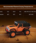 Orange toy jeep with labels for PLA, TPU, PETG, and ABS filament drying temperatures next to it