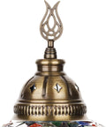 Bronze top detail of Blue Mosaic Battery-Operated Table Lamp With Handcrafted Stained Glass, Turkish Moroccan Style.