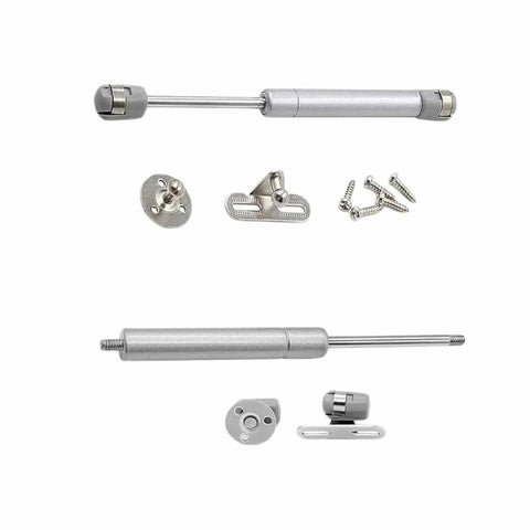 Two Pack Soft Close Toy Box Hinges With 100N Gas Strut for Heavy Curved Round Arched and Flat Lids, shown with screws
