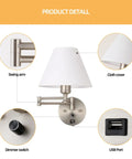 Swing Arm Wall Lamp With Plug In Design Dimmable Light USB Charging Port White Fabric Shade Nickel Finish Ideal For Bedside
