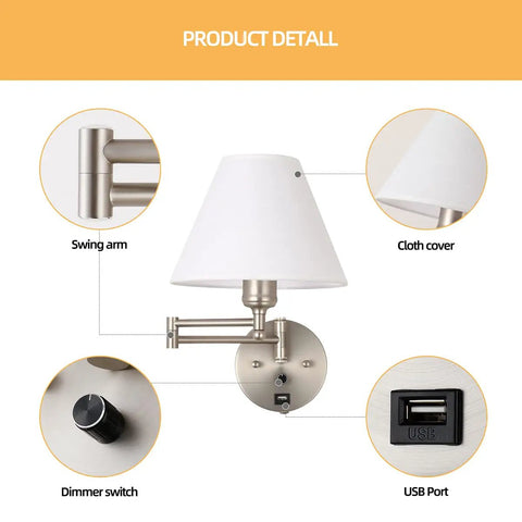 Swing Arm Wall Lamp With Plug In Design Dimmable Light USB Charging Port White Fabric Shade Nickel Finish Ideal For Bedside