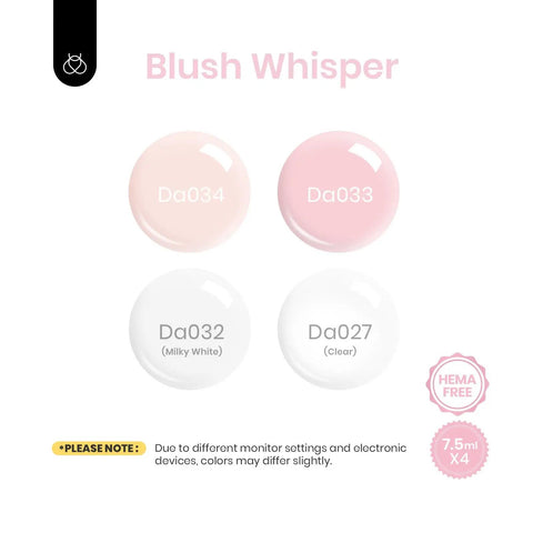 Nude Builder Gel Set With Base Coat And Top Coat HEMA Free color swatches Da034, Da033, Da032, Da027 in pink and white shades