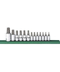 13 Piece Torx Bit Socket Set With One Quarter Inch Three Eighths Inch And One Half Inch Drive For Gearheads displayed on green rail
