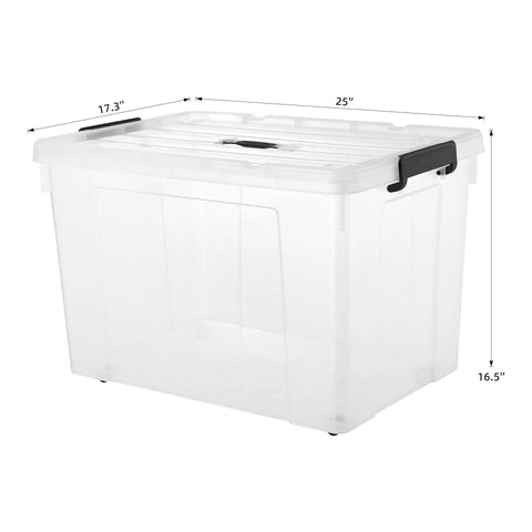Two Pack 40 Gallon Heavy Duty Storage Bins With Smooth Rolling Wheels And Clinch Tight Lids, Clear Stackable Plastic Container side view