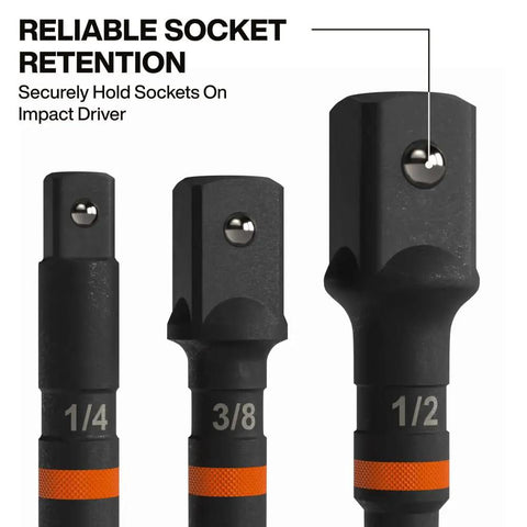 Impact Driver Socket Adapter Set With Three Inch Extensions Including One Quarter Inch Three Eighths Inch And One Half Inch Square Drive Adapters Knurled Grip High Visibility For Heavy Duty Quick Connect Access
