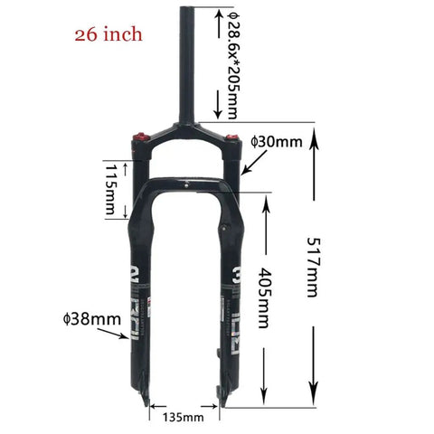 Snow Mountain Bike Front Suspension Fork 26 Inch Pneumatic Shock Absorbers With Rebound Adjustment Remote Lockout with measurements.