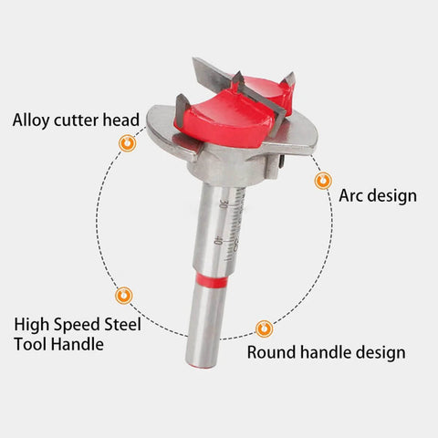 SagaSave 30mm adjustable Forstner drill bit with alloy cutter head and red accented metal handle.