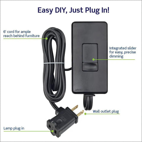 Table Top Plug In Lamp Dimmer Switch Compatible With Dimmable Led Halogen And Incandescent Bulbs Up To 300 Watts black corded adapter with slider.