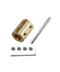 Professional Grade Heavy Duty Rigid Sleeve Motor Shaft Coupler With Locking Set Screw 7mm To 7mm Bore 100mm Long High Carbon Steel showing brass coupler and steel rod.