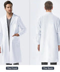 Front and back view of Unisex White Lab Coat For Students And Pros, Spillproof Medical Coat With Durable Fabric, XXL Size