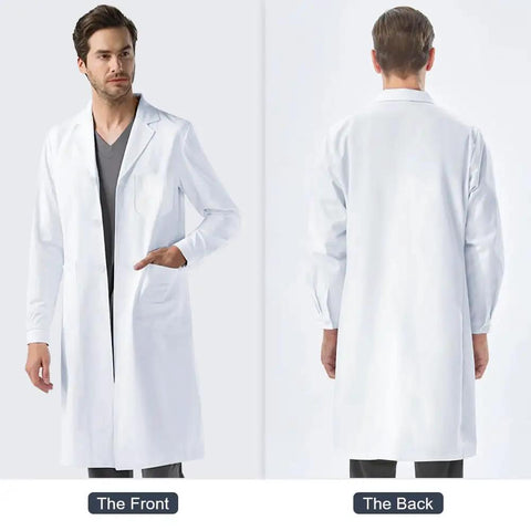 Front and back view of Unisex White Lab Coat For Students And Pros, Spillproof Medical Coat With Durable Fabric, XXL Size