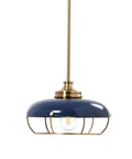 Industrial Caged Dome Metal Ceiling Light in Brushed Brass and Navy Blue Two Tone Finish with exposed Edison bulb socket, pendant view