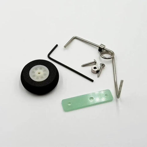 Tail Wheel Bracket DIY Assembly Kit for RC Planes and Helicopters with 25mm Foam Wheel, 2mm Wire, screws, and bracket components.