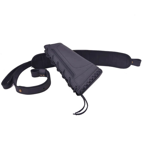 Black Rifle Buttstock Cover with Leather and Waxed Canvas Cushion, Heavy Duty Stitching, Recoil Pad Shell Holder, Hunting Strap
