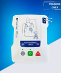 Training AED Ultratrainer white front view with chest diagram and FOR TRAINING ONLY badge, green power button