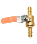 Barbed shut-off ball valve, 1/2-inch, solid brass with orange handle and hose barb fittings