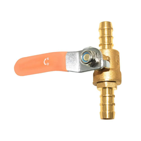 Barbed shut-off ball valve, 1/2-inch, solid brass with orange handle and hose barb fittings