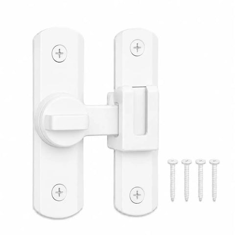 Heavy Duty Zinc Alloy Door Latch With 90 And 180 Degree Swivel Mount Featuring A Rock Solid Dual Mode Rotating Lock In Crisp White Finish with screws.