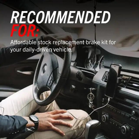 Driver in car with text recommending Beefed Up Rear Brake Kit With Z17 Ceramic Pads And Rotors for stock replacement