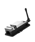 Heavy Duty 8 Inch Angled Bench Vise Bulletproof Jaw Action And Bottomless Base For CNC Milling Or Grinding Jobs, angled view