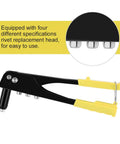Manual Rivet Tool Kit With Four Replacement Heads Spring Handle And Nozzle For Metal Fiber Leather And Plastic Blind Rivet Hand Tool For Gutter Repair And Heavy Duty Fastening, black handle with yellow grips